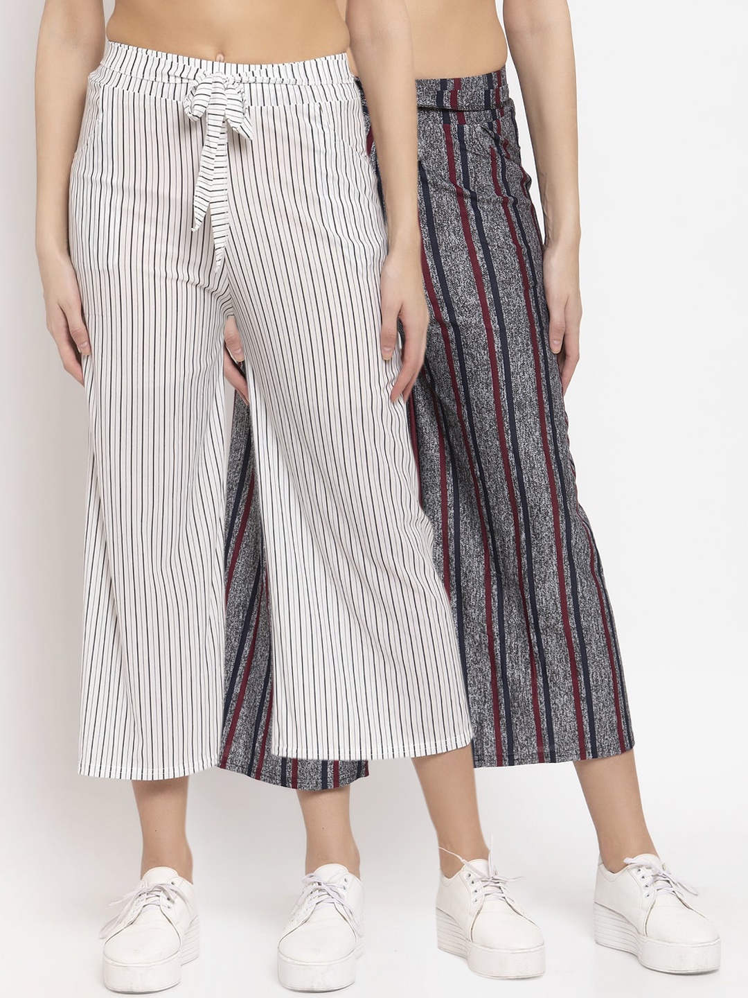 

KLOTTHE Women Pack of 2 Grey & Maroon Striped Wide Leg Palazzos