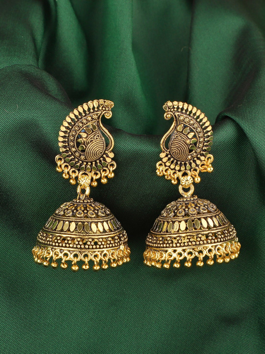 

ANIKAS CREATION Gold-Plated Antique Peacock Shaped Jhumkas