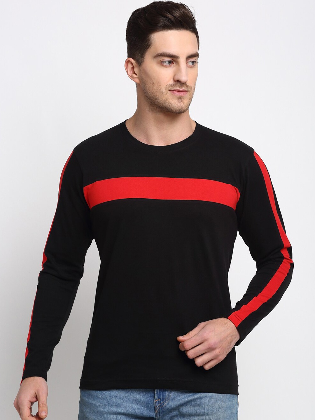 

Friskers Men Black Orange Striped Round Neck Cotton Pure Cotton T-shirt