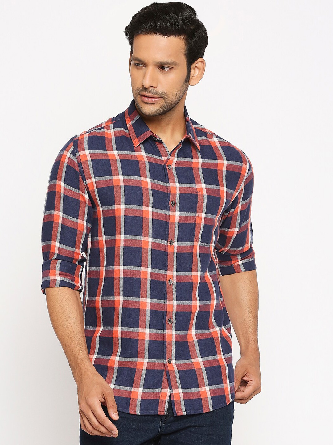 

Mufti Men Navy Blue Slim Fit Checked Casual Shirt