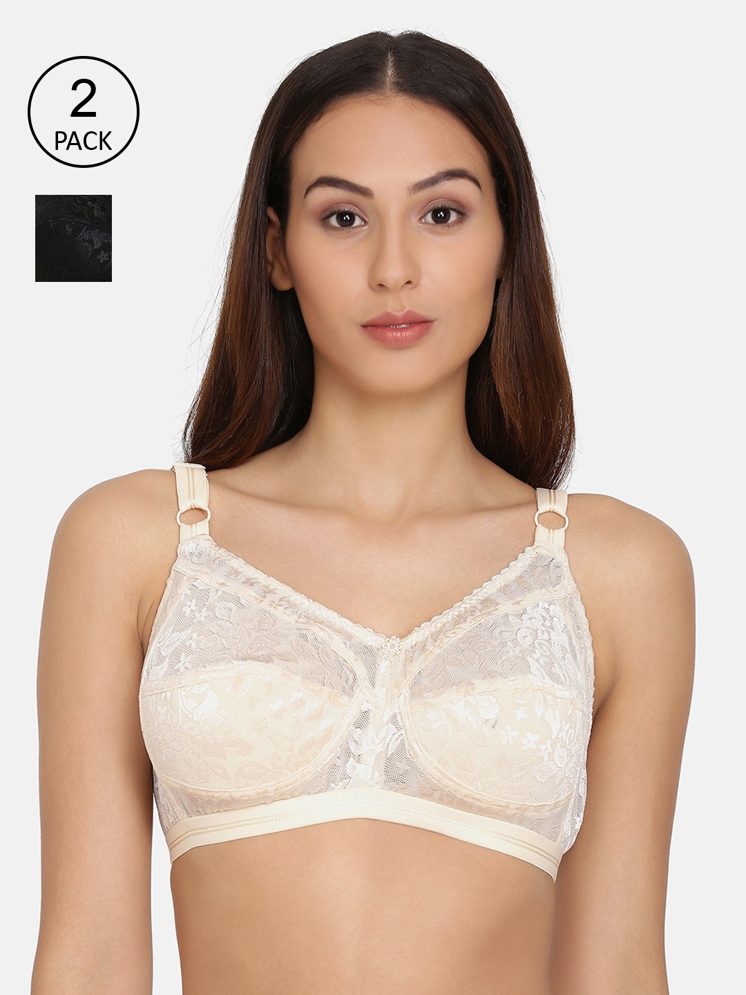 

PRETTYBOLD Pack Of 2 Lace Non-Wired Non Padded Minimizer Bras PB-16 BEIGE BLACK-C20