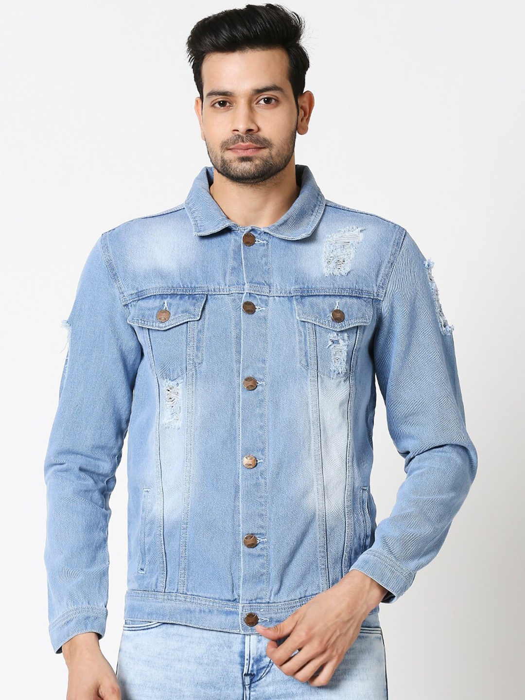

High Star Men Blue Solid Denim Jacket