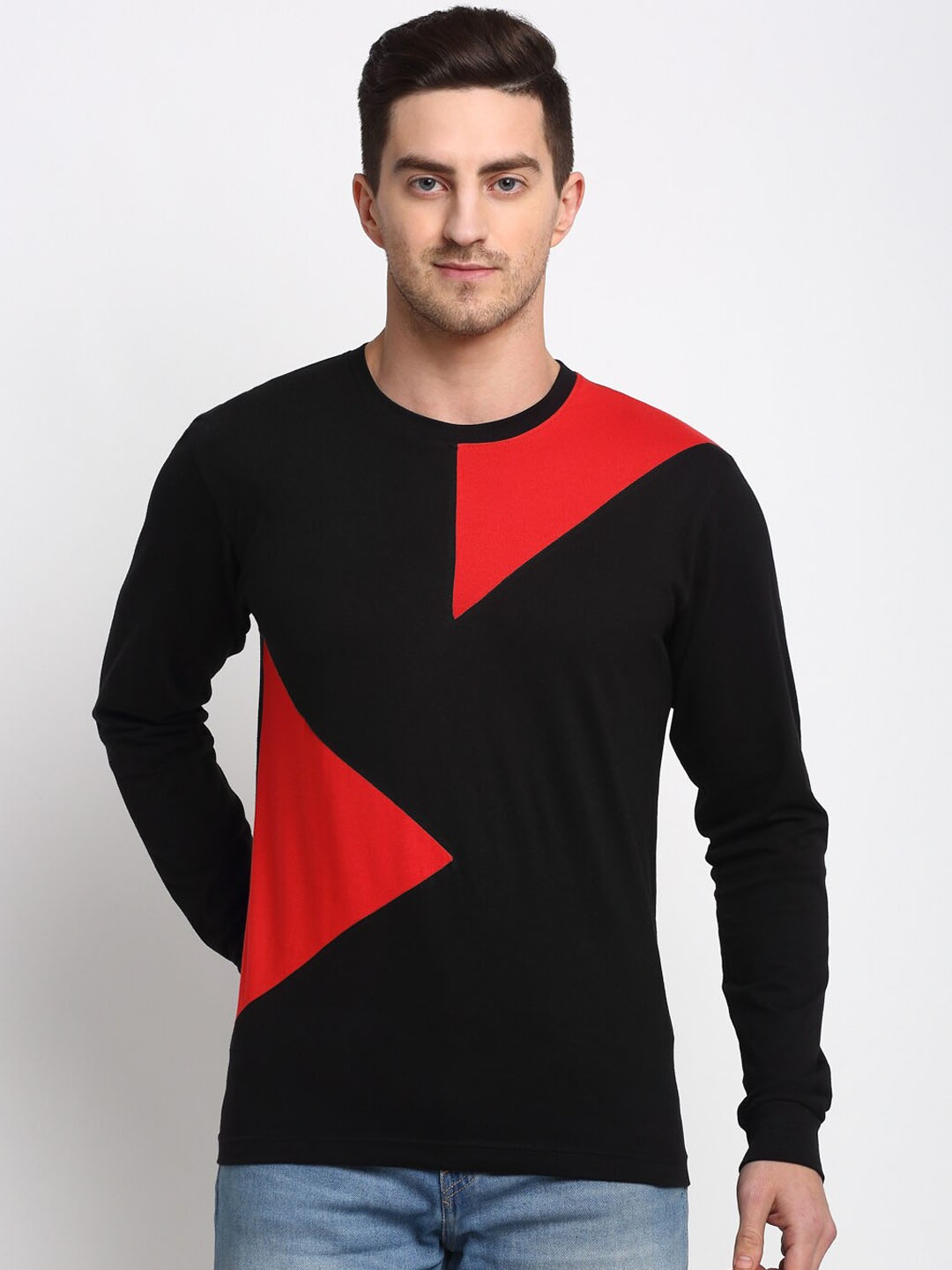 Friskers Men Black Red Colourblocked Round Neck Cotton Pure Cotton T-shirt