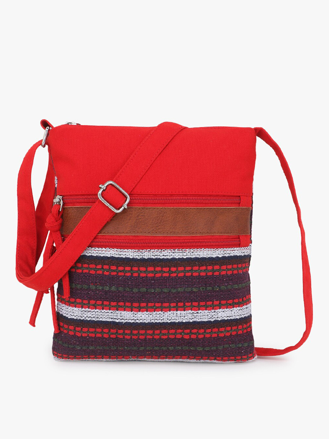 

Anekaant Red & Burgundy Striped Sling Bag