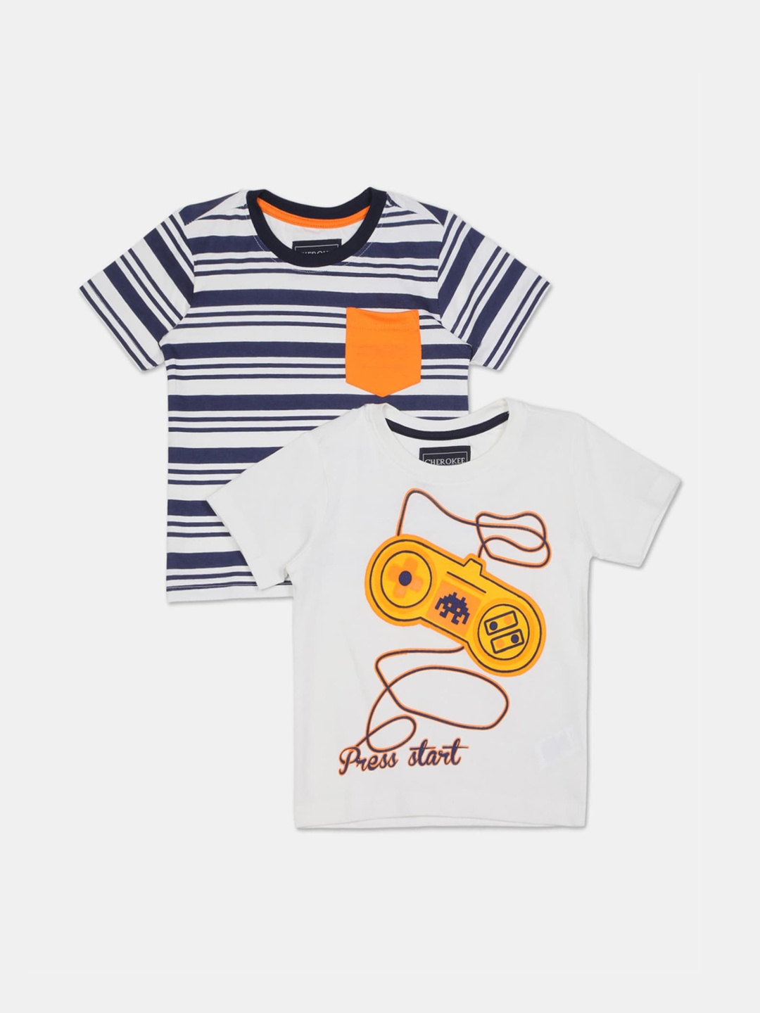 

Cherokee Boys Pack Of 2 Navy Blue & Off-White Printed Round Neck T-shirts
