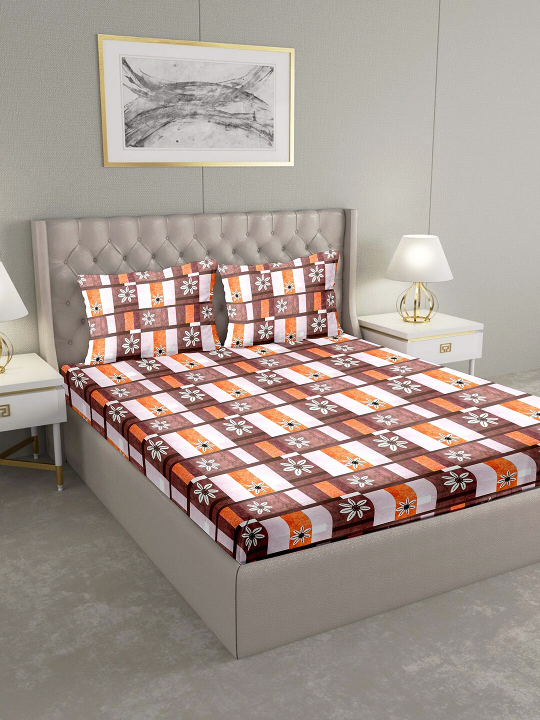 

BELLA CASA Brown & Pink Graphic 124 TC Cotton 1 King Bedsheet with 2 Pillow Covers