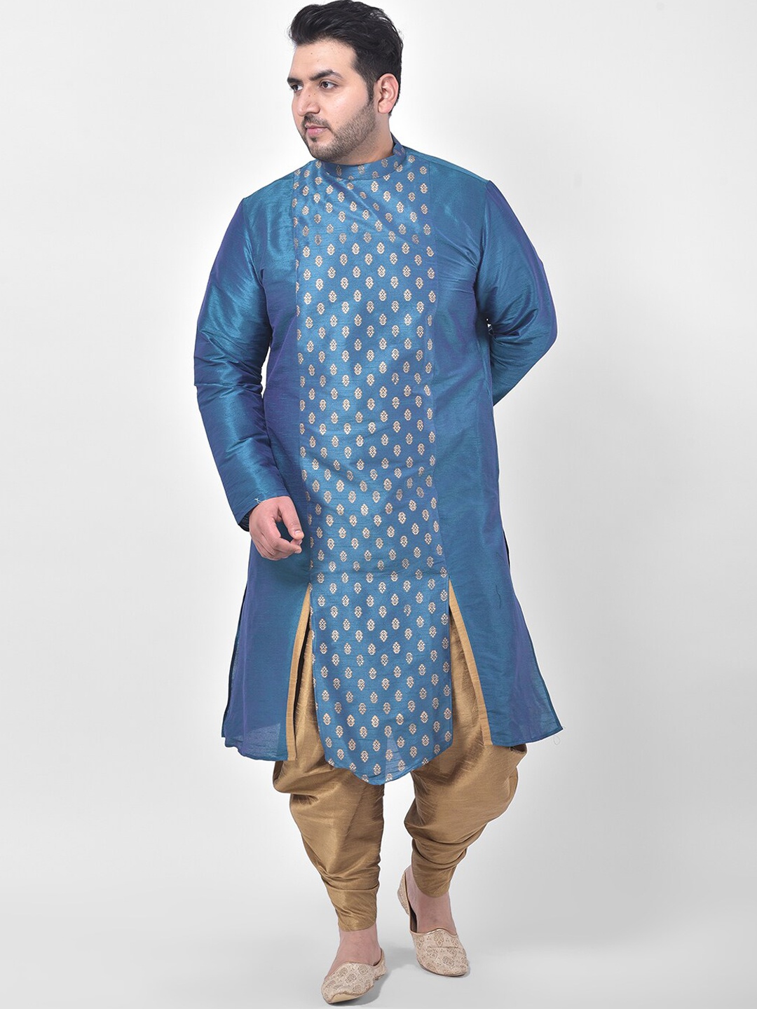

DEYANN PLUS Men Blue & Gold-Toned Woven Design Kurta with Dhoti Pants