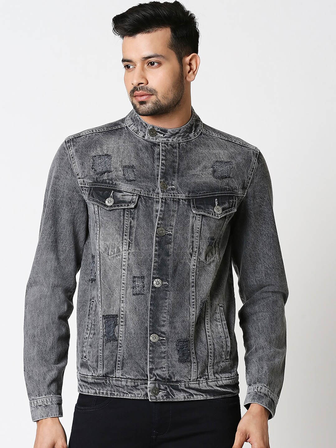 High Star Men Charcoal Grey Solid Denim Jacket