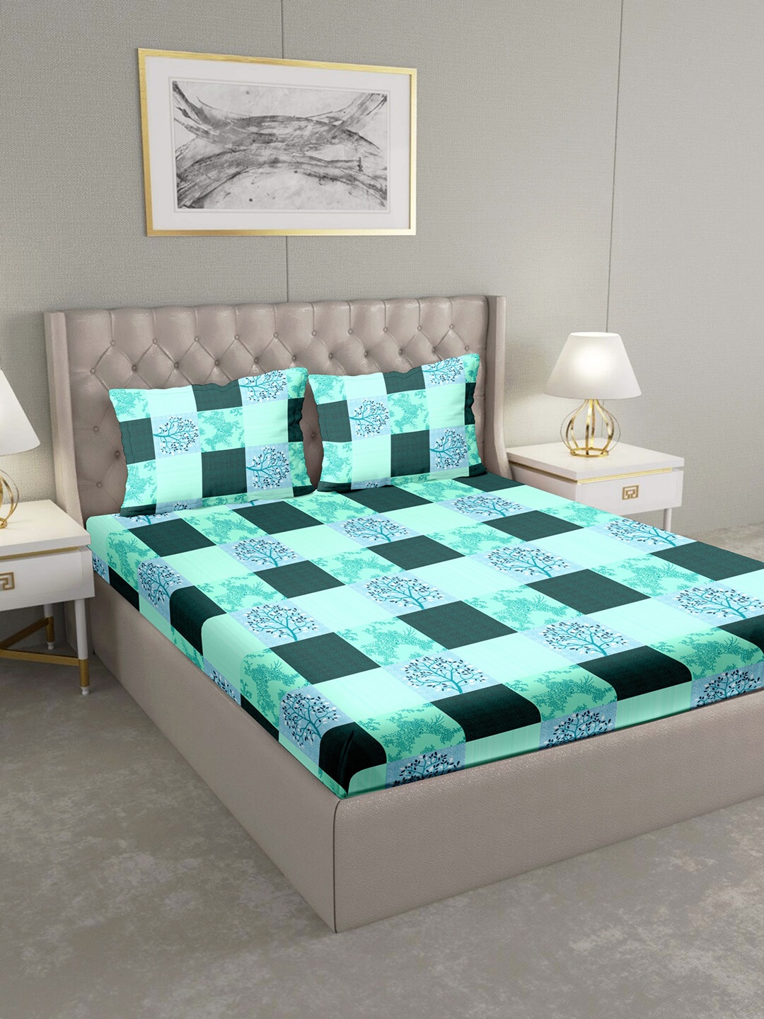

BELLA CASA Green & Blue Abstract 124 TC Cotton 1 King Bedsheet with 2 Pillow Covers