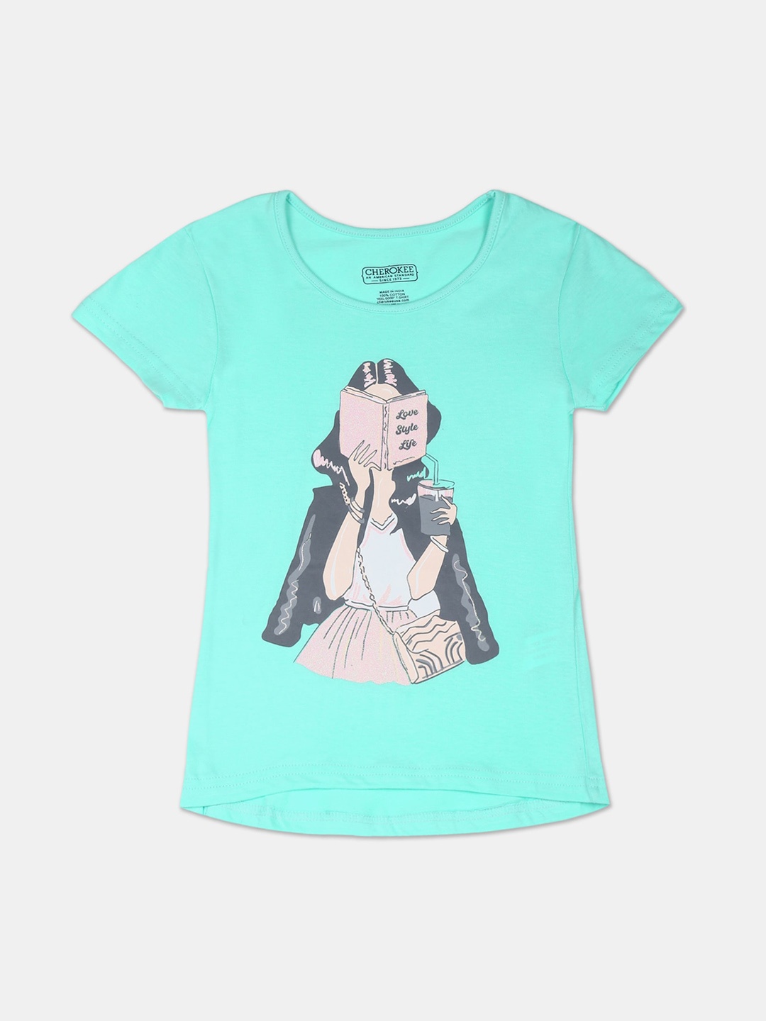 

Cherokee Girls Turquoise Blue White Printed Round Neck Cotton Pure Cotton T-shirt
