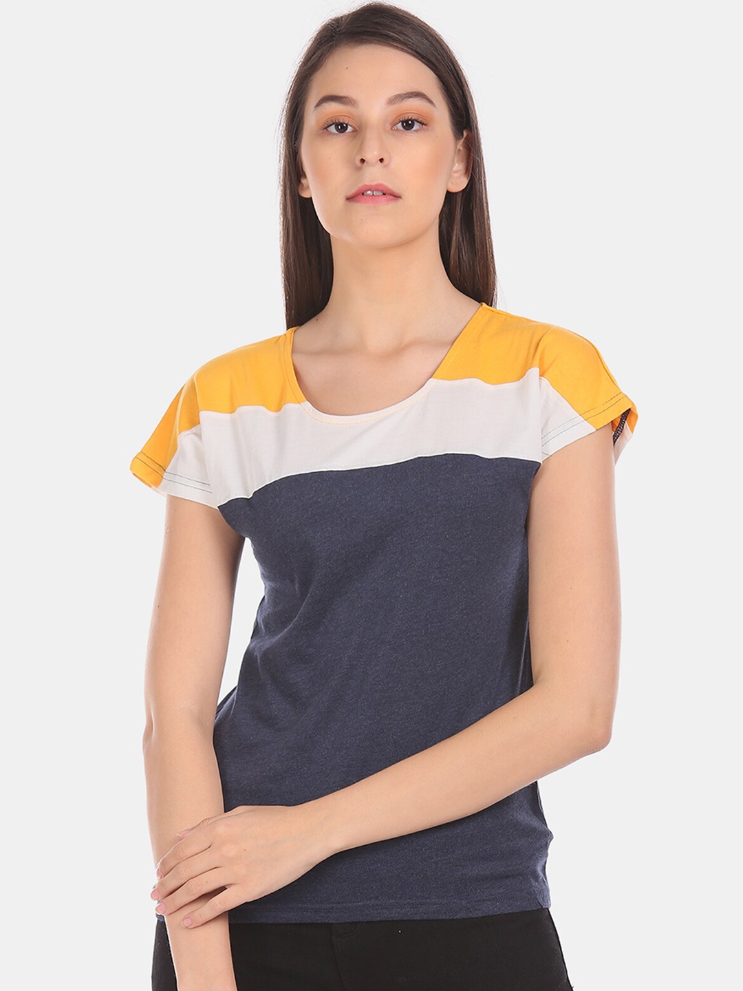 

Sugr Navy Blue & Yellow Colourblocked Extended Sleeves Regular Top