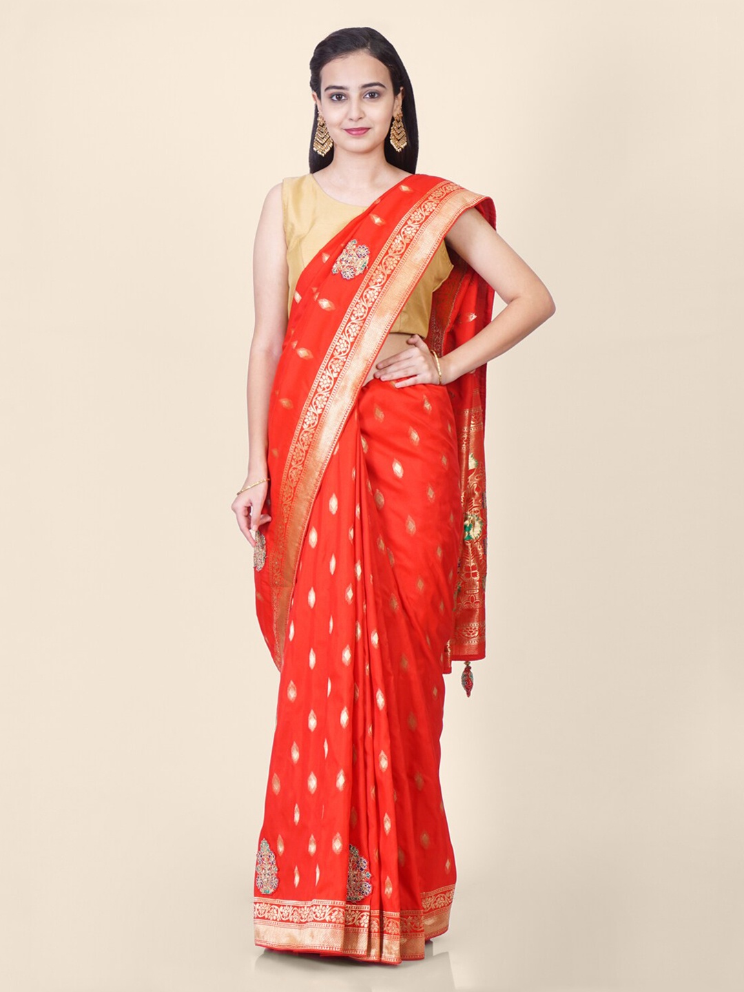 

Hastakala Red & Gold-Toned Silk Blend Woven Design Banarasi Handloom Saree