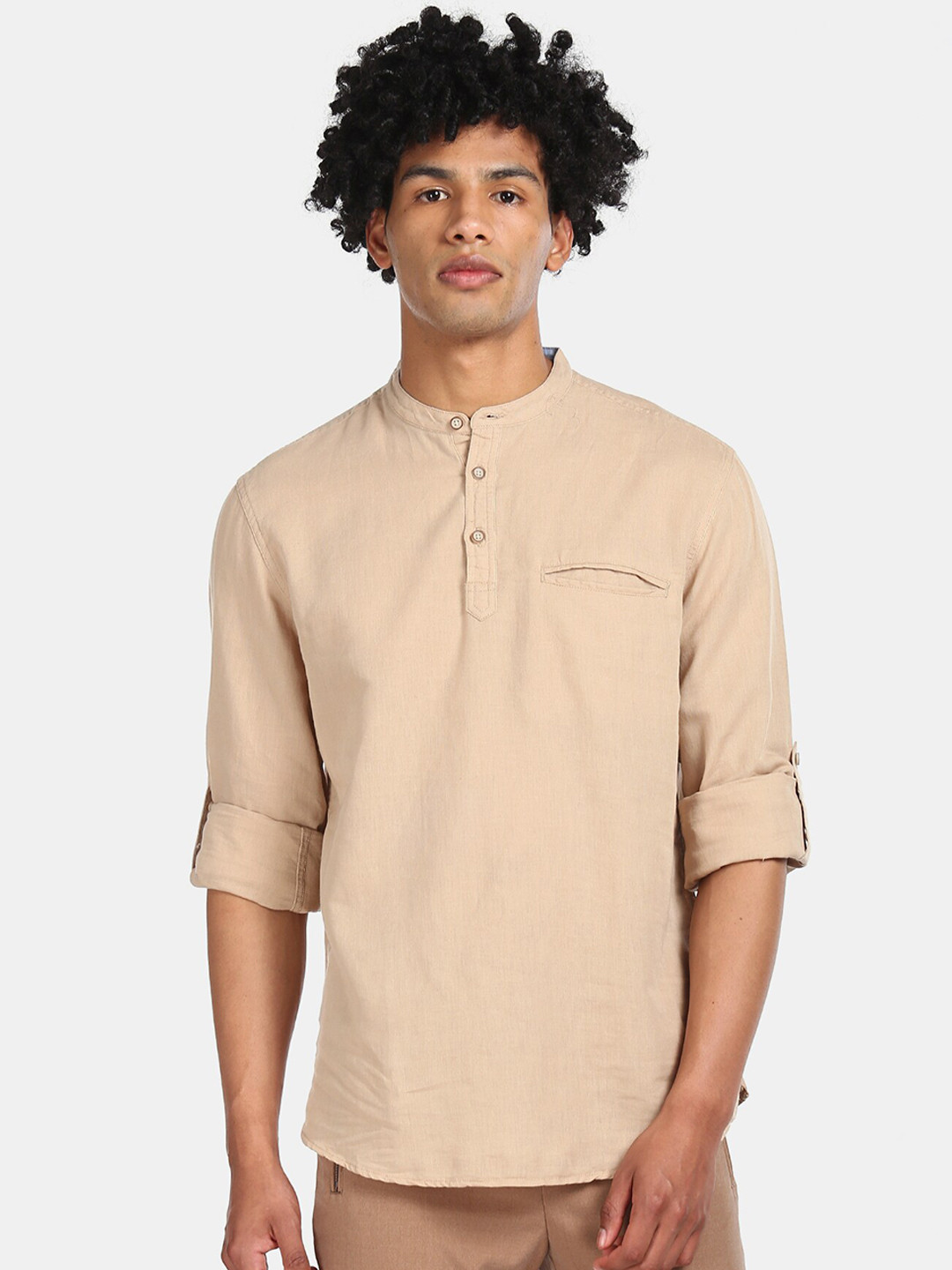 

Cherokee Men Beige Mandarin Collar Casual Shirt
