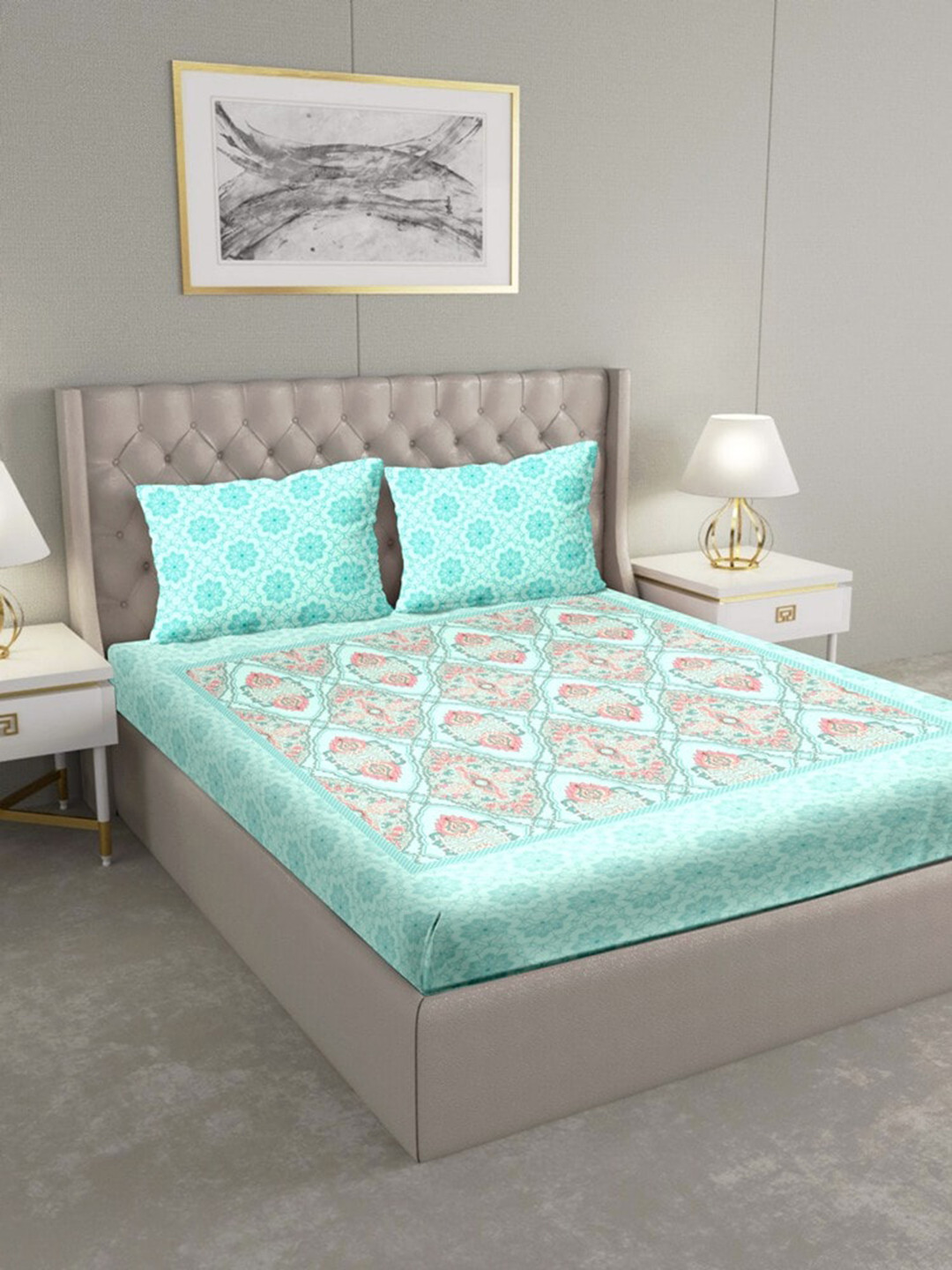 

BELLA CASA Sea Green & Peach-Coloured Floral 160 TC Cotton 1 King Bedsheet with 2 Pillow Covers