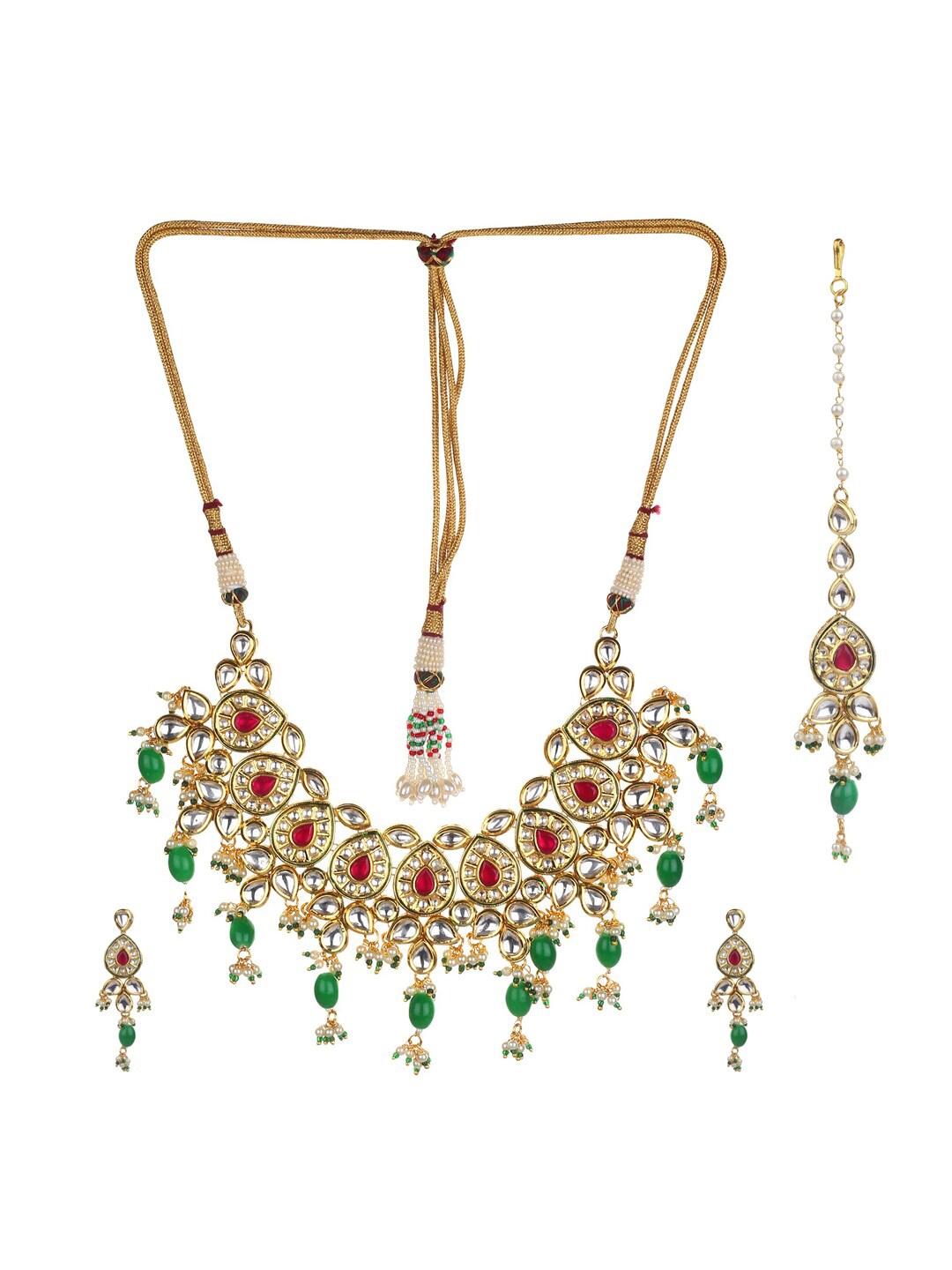 

Runjhun Gold-Plated Red & Green Kundan-Studded & Beaded Handcrafted Jewellery Set