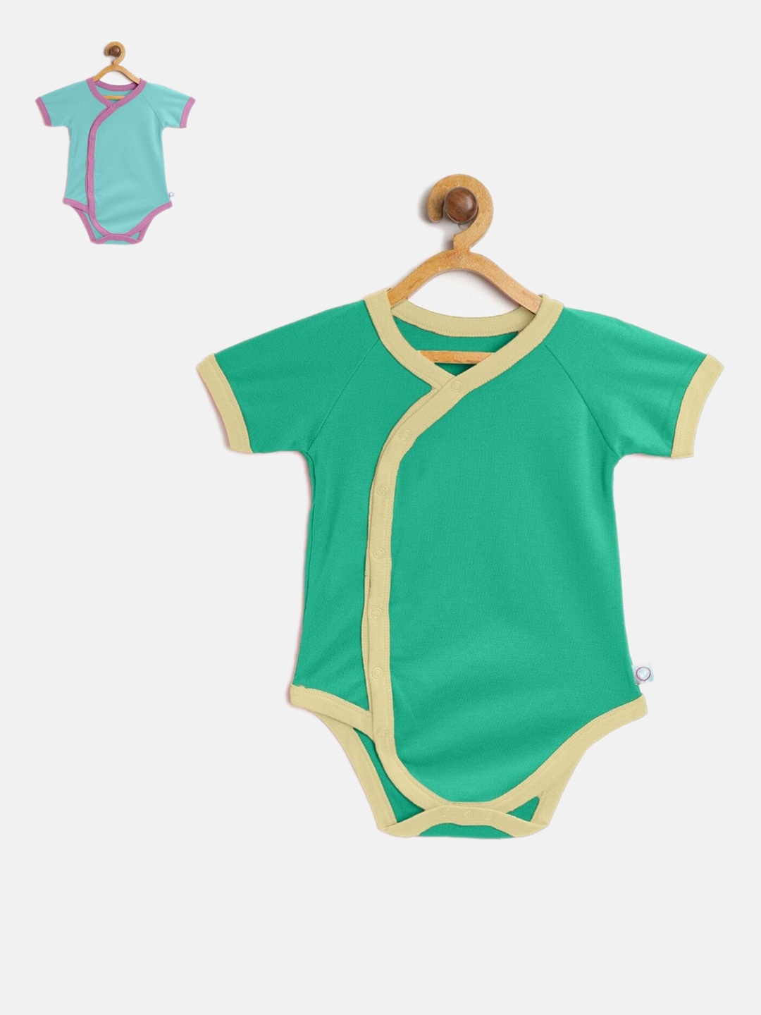 

cherrytoes Infant Kids Pack Of 2 Green & Blue Solid Bodysuits