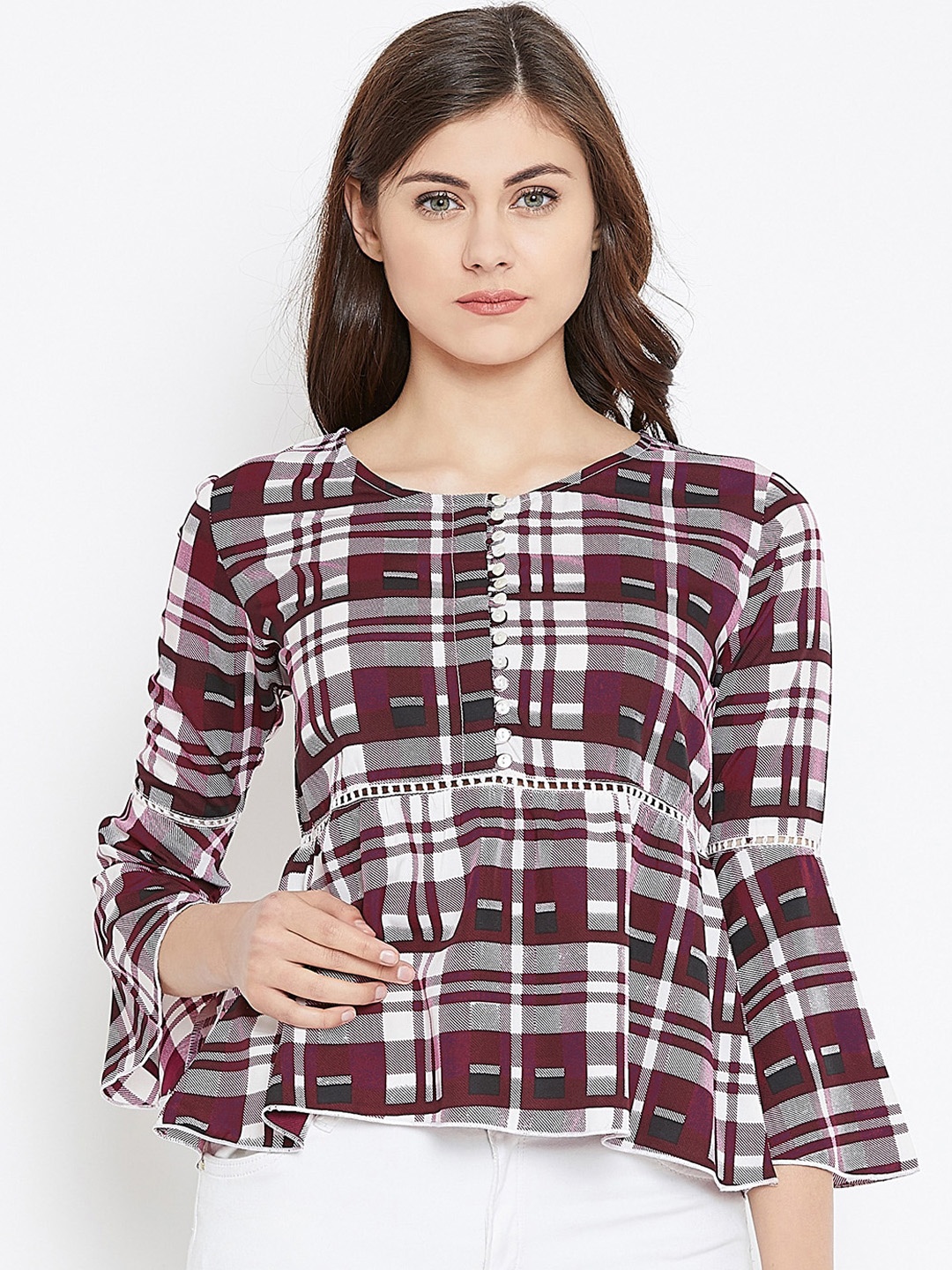 

Zastraa Burgundy & White Checked Peplum Top