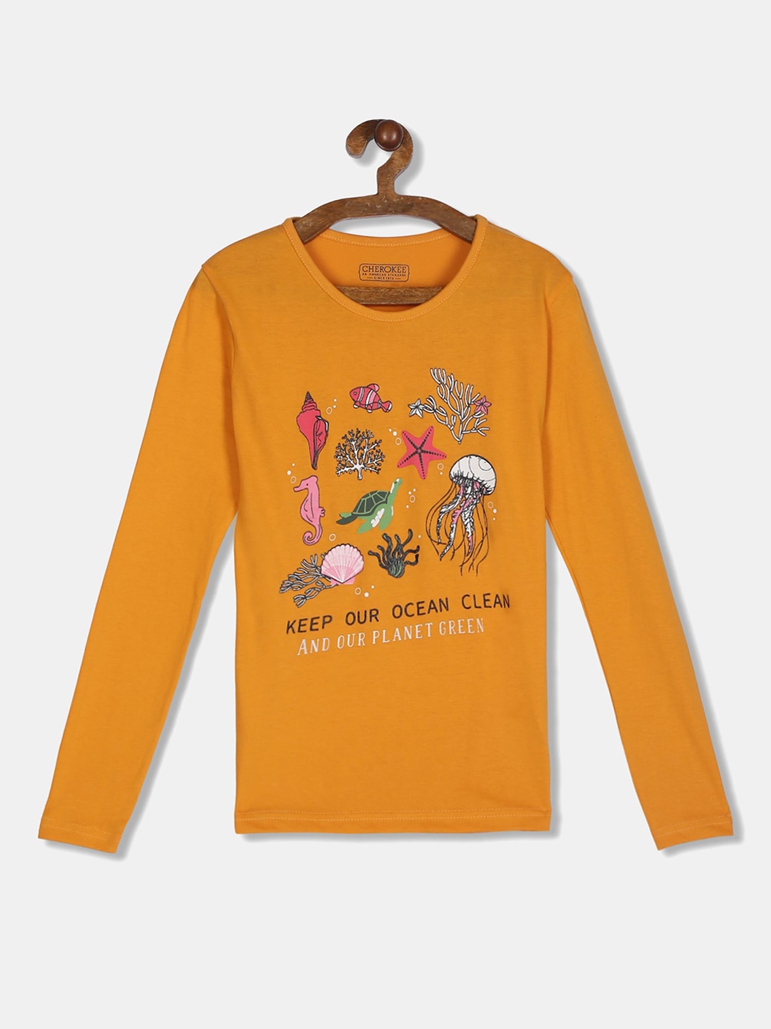 

Cherokee Girls Mustard Printed Round Neck T-shirt