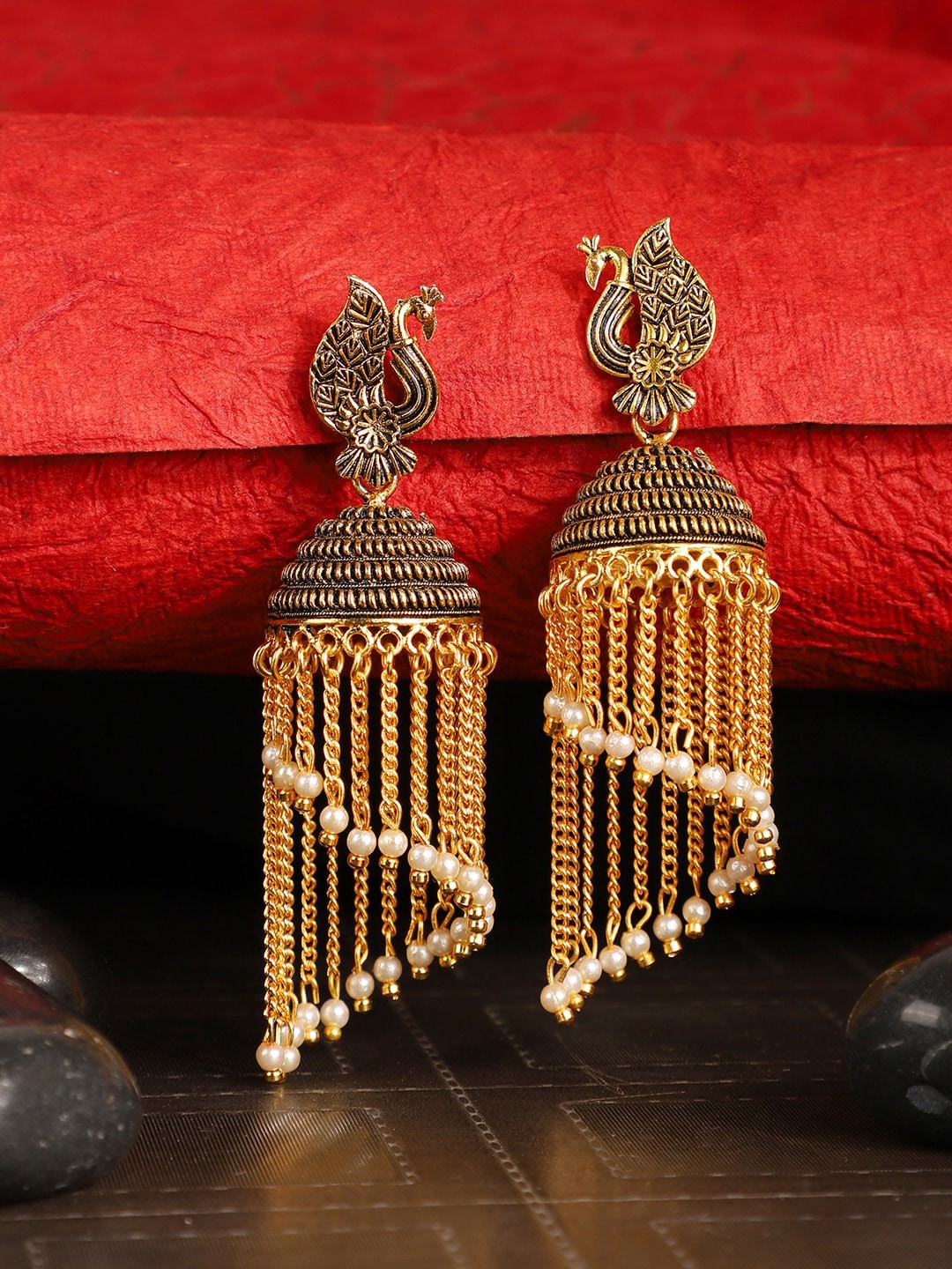 

ANIKAS CREATION Gold-Plated Tasselled Peacock Shaped Jhumkas