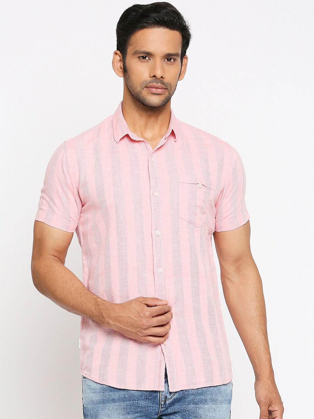 

Mufti Men Pink Slim Fit Striped Casual Shirt