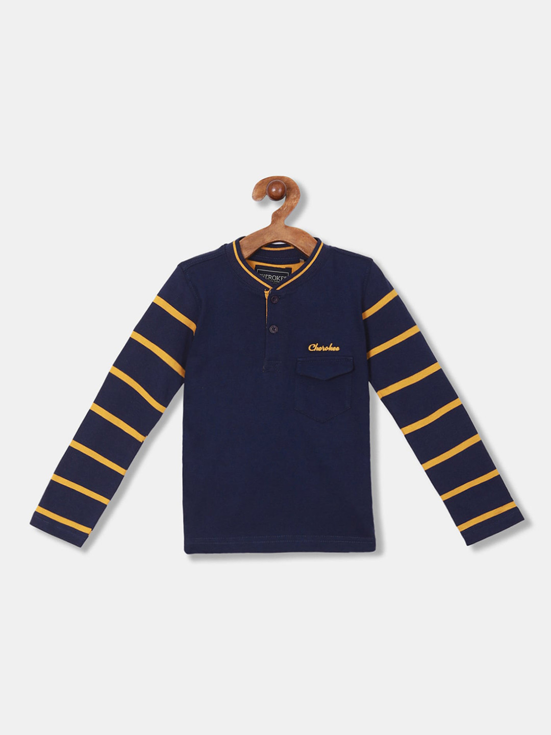 

Cherokee Boys Navy Blue Striped Mandarin Collar T-shirt