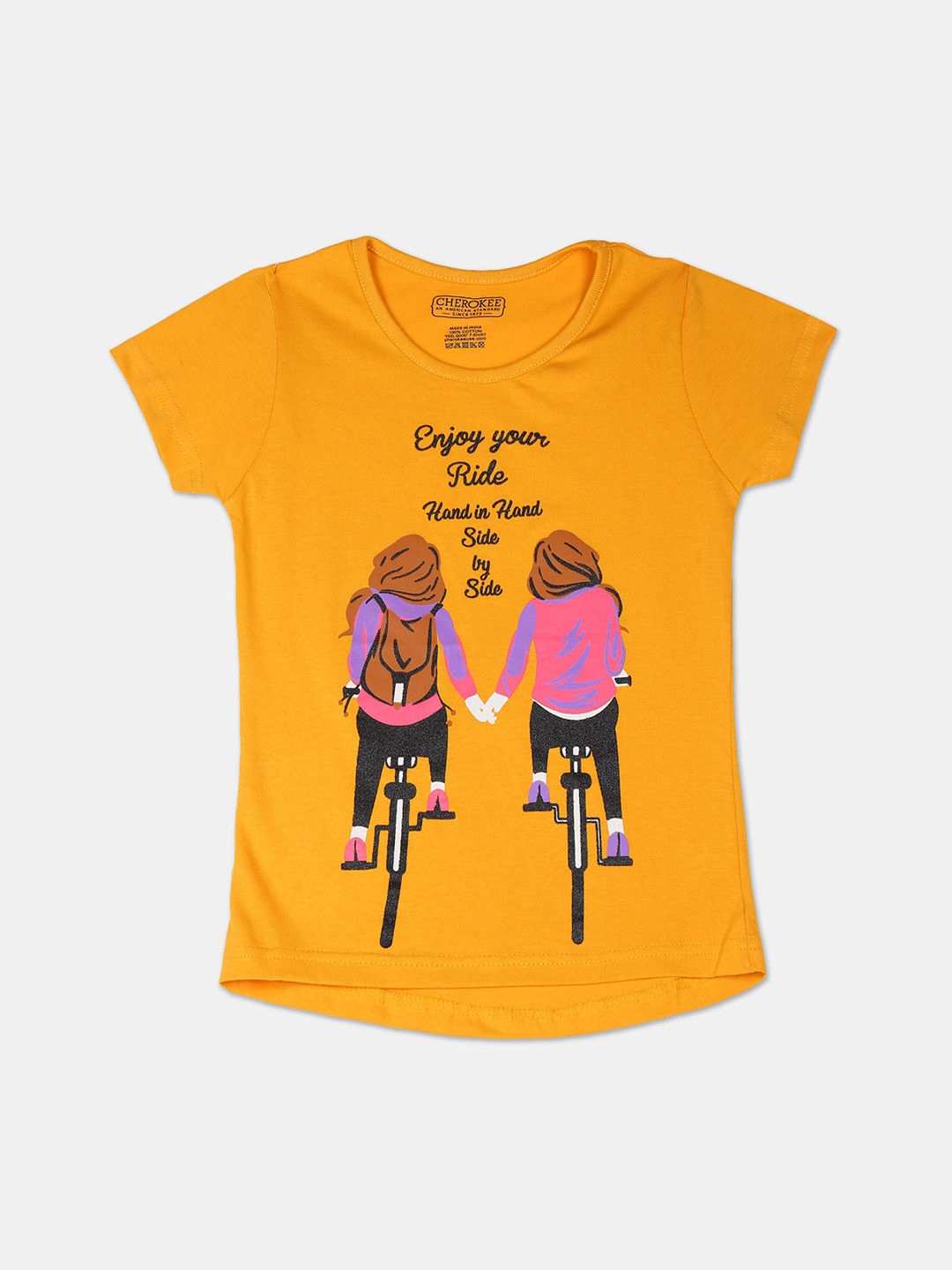 

Cherokee Girls Mustard Yellow Pink Printed Round Neck Cotton Pure Cotton T-shirt