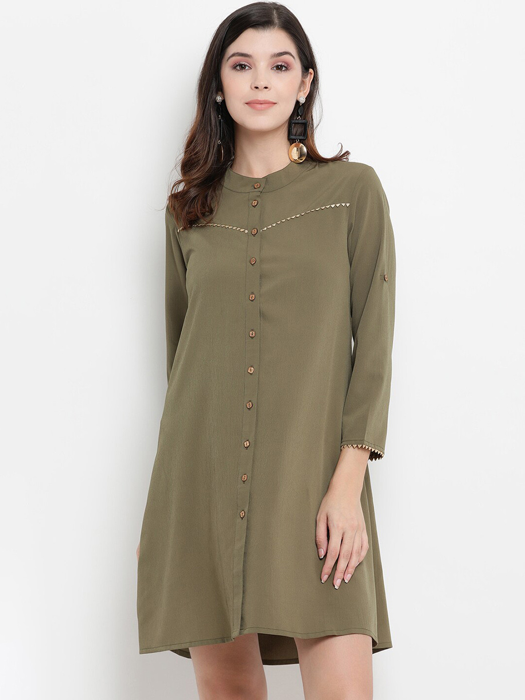 

THREAD MUSTER Women Olive Green Solid Shirt Dress