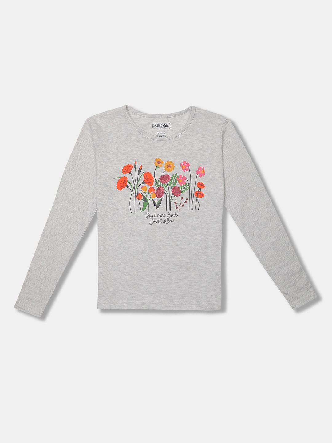 

Cherokee Girls Grey Orange Floral Printed Round Neck Cotton Pure Cotton T-shirt