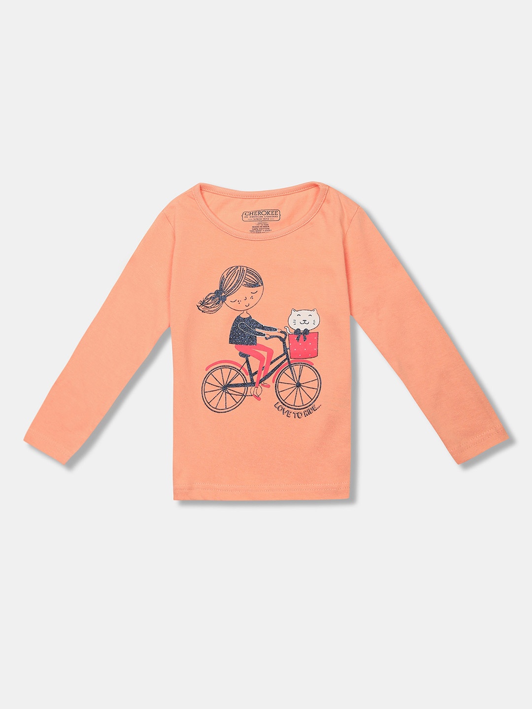 

Cherokee Girls Peach-Coloured & Blue Embellished Printed Round Neck T-shirt