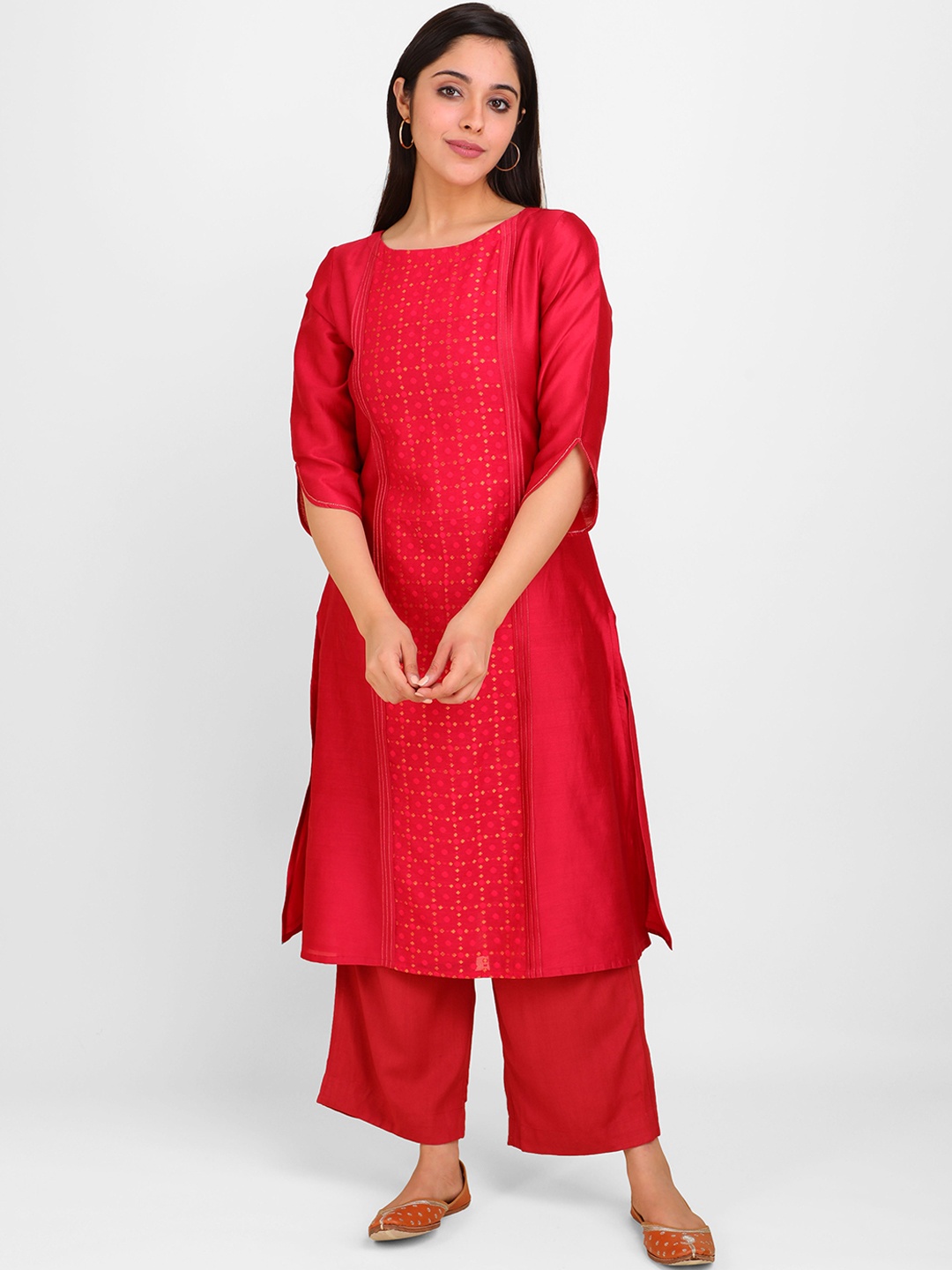 

Lal10 Women Red & Gold-Coloured Printed Chanderi Silk Jacquard Kurta