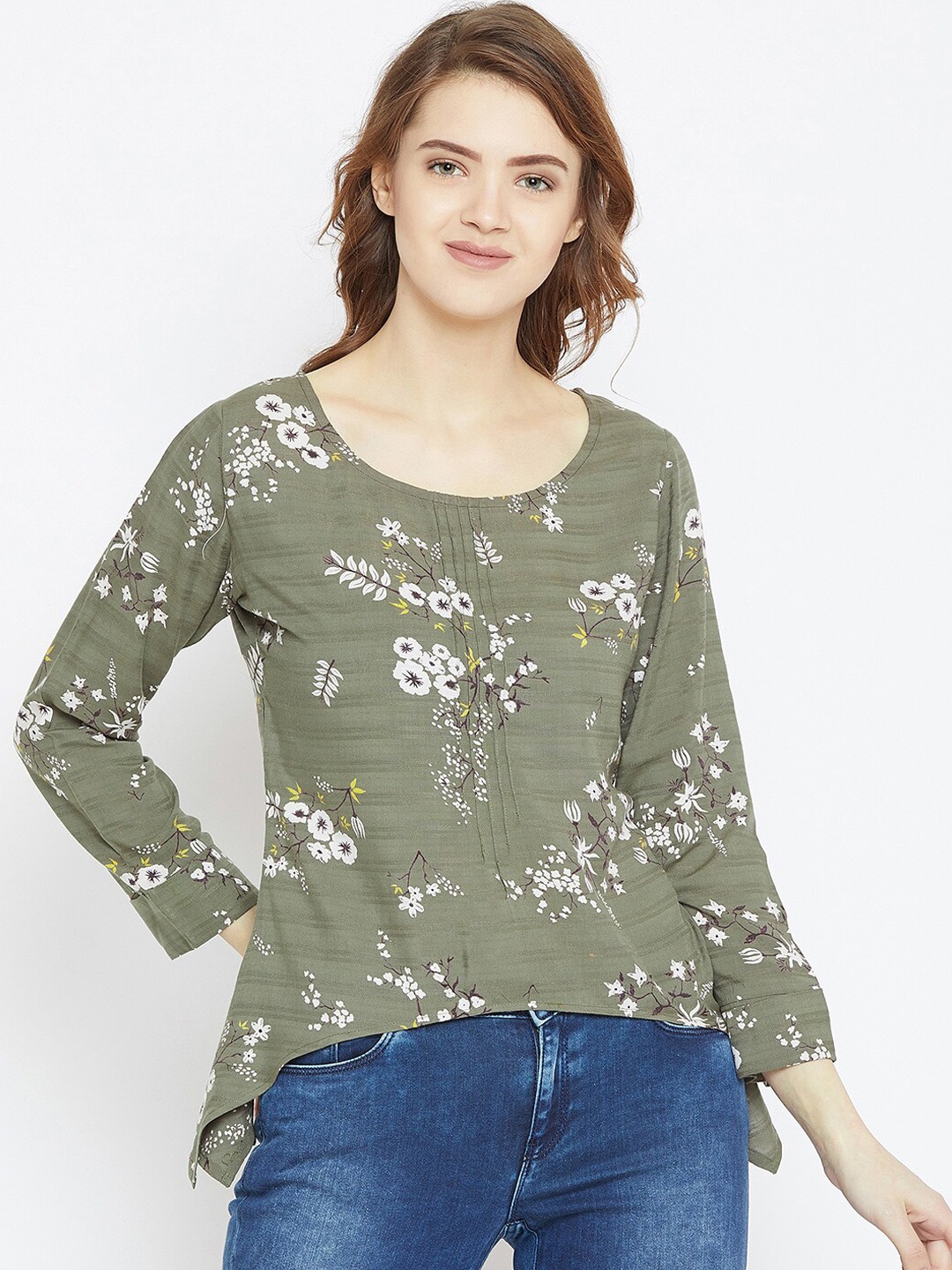 

Zastraa Green & White Floral Printed Cuffed Sleeves High-Low Top
