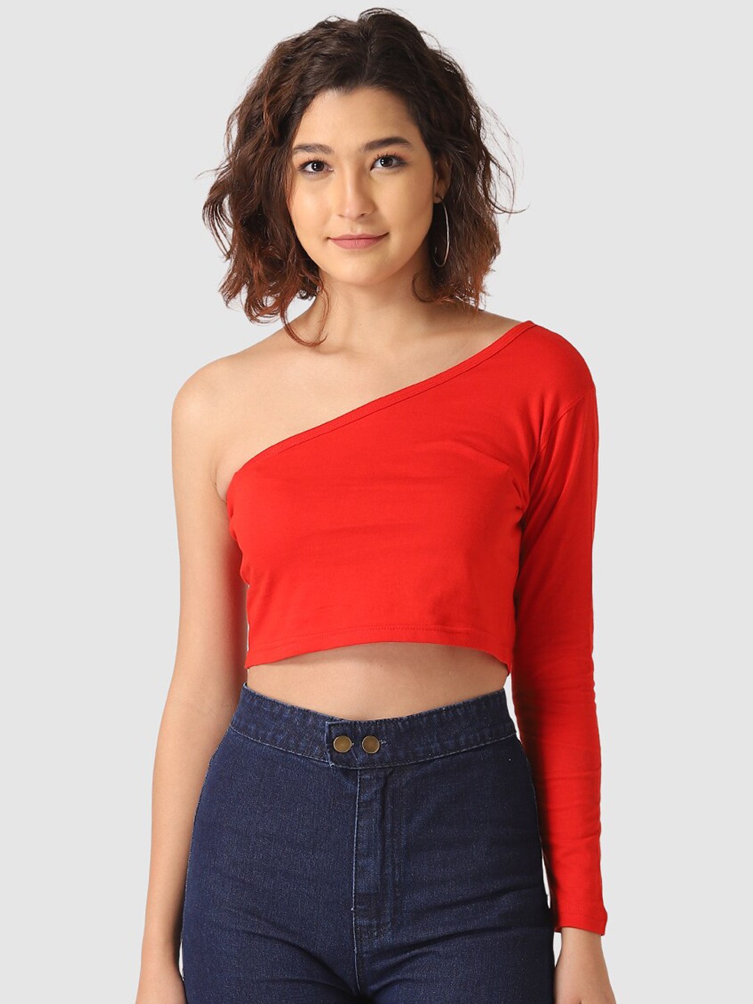 

Vemante Red One Shoulder Solid Pure Cotton Regular Crop Top