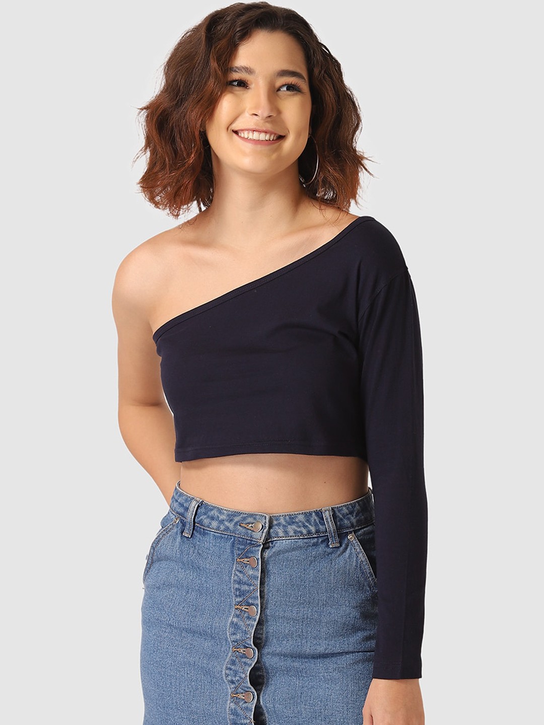 

Vemante Navy Blue One Shoulder Solid Pure Cotton Regular Crop Top