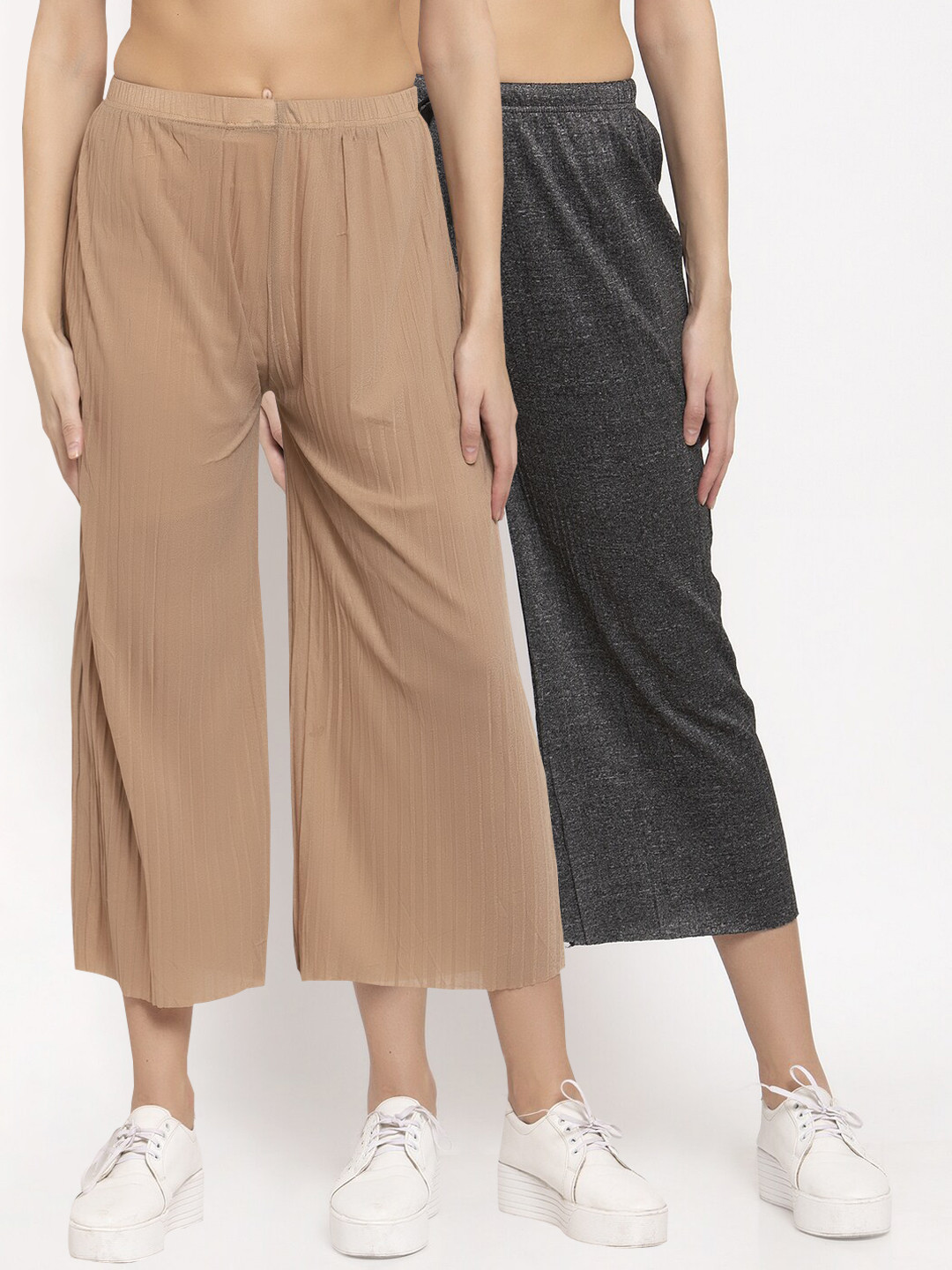 

KLOTTHE Women Pack Of 2 Wide Leg Palazzos, Tan