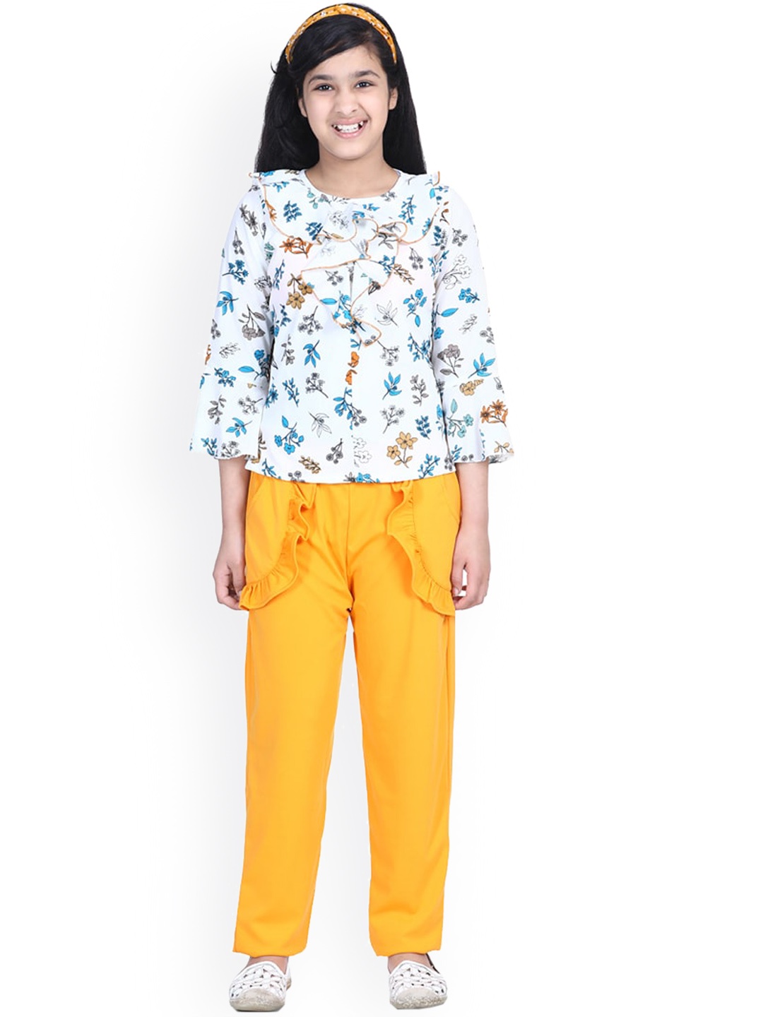 

ADIVA Girls White & Yellow Printed Top with Trousers