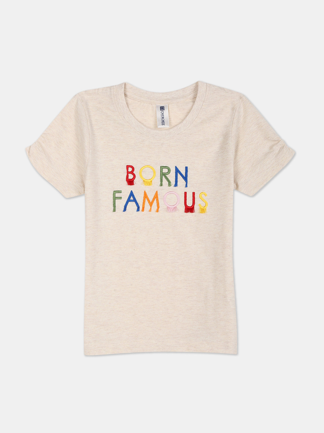 

Cherokee Girls Beige & Blue Embroidered Self Design Round Neck T-shirt