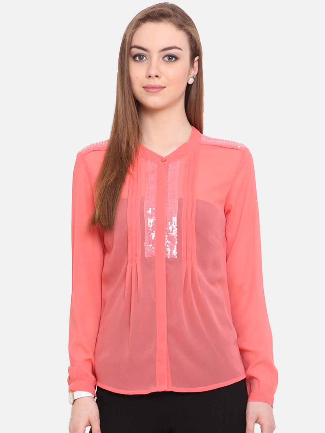 

Porsorte Women Coral Pink Regular Fit Sequin Detail Sheer Casual Shirt