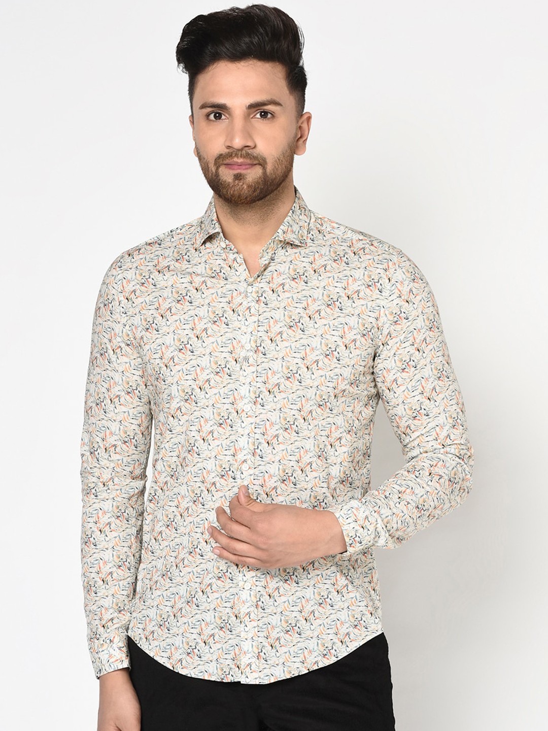 

Blackberrys Men Cream-Coloured & Orange Phoenix Skinny Fit Printed Casual Shirt