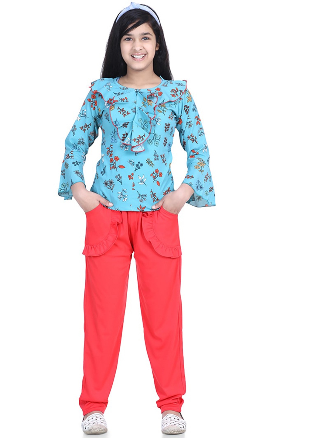 

ADIVA Girls Turquoise Blue & Red Printed Top with Trousers