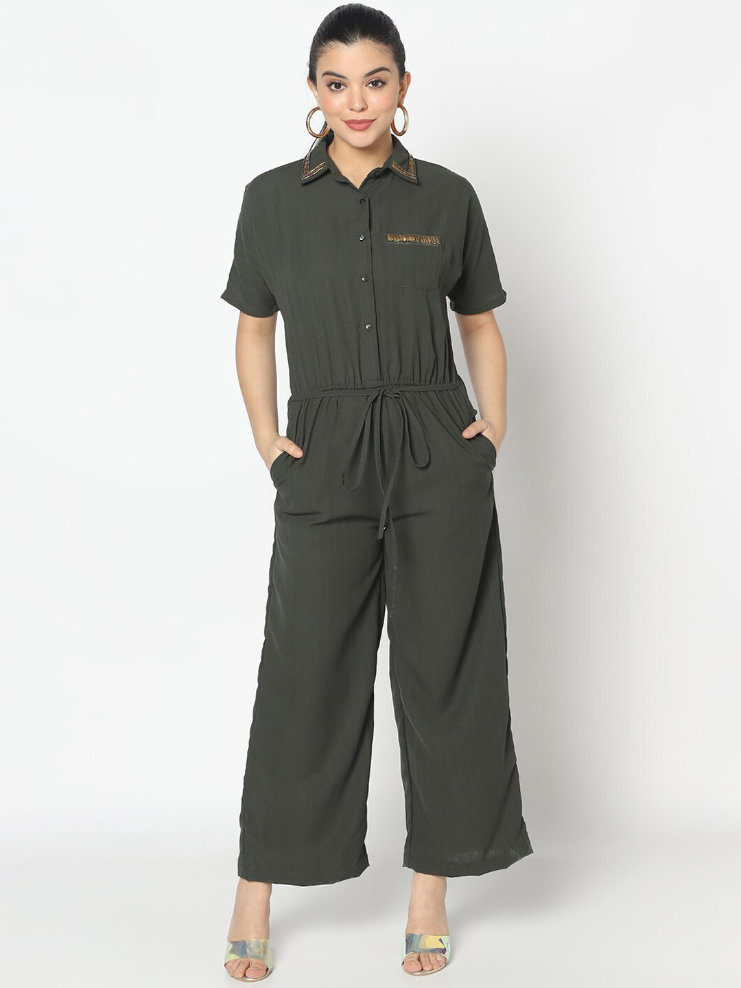 

SQew Women Olive Green & Gold-Toned Solid Basic Jumpsuit