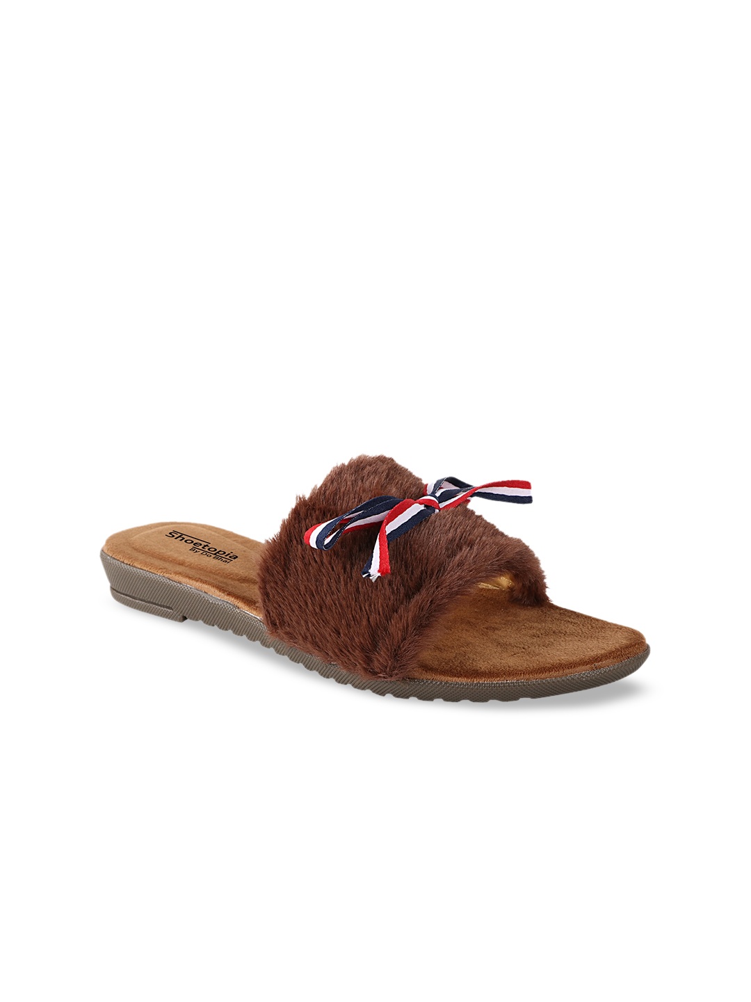 Shoetopia Women Brown Faux Fur Suede Open Toe Flats