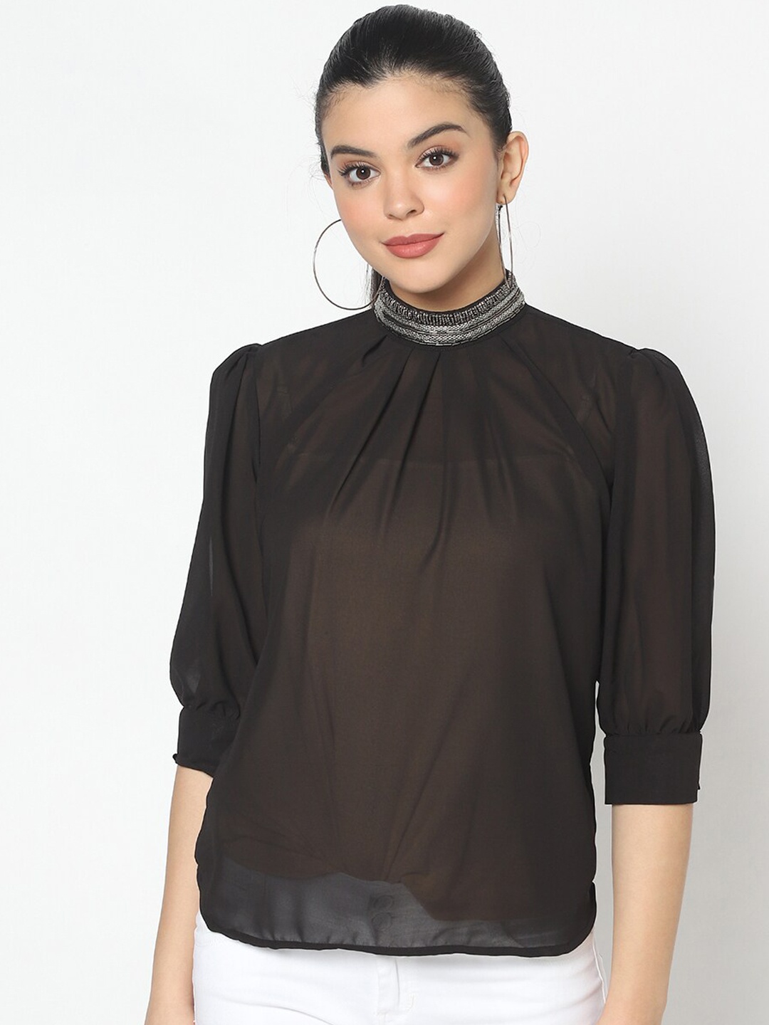 

Sqew Women Black Puff Sleeves Georgette Regular Top