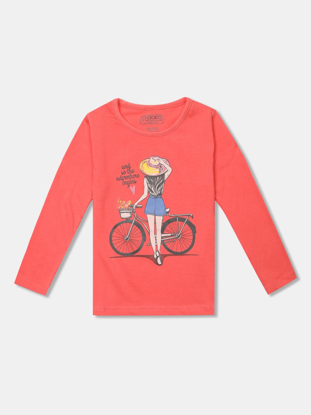 Cherokee Girls Peach-Coloured Printed Round Neck T-shirt