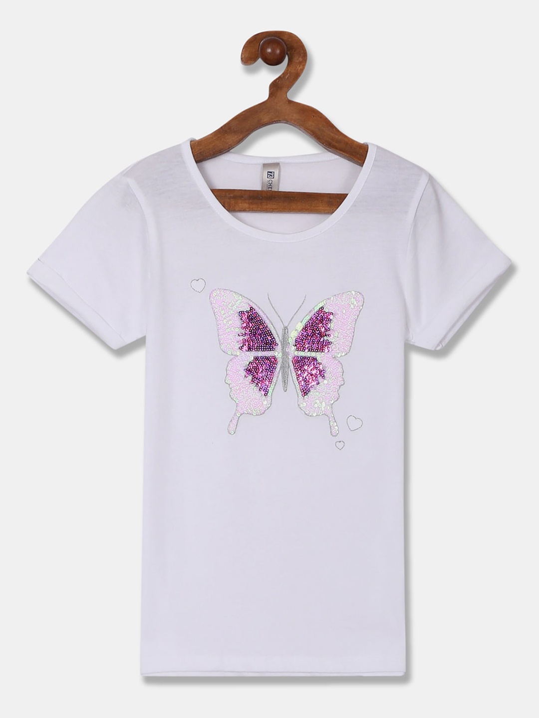 

Cherokee Girls White & Purple Sequin Embellished Self Design Round Neck T-shirt
