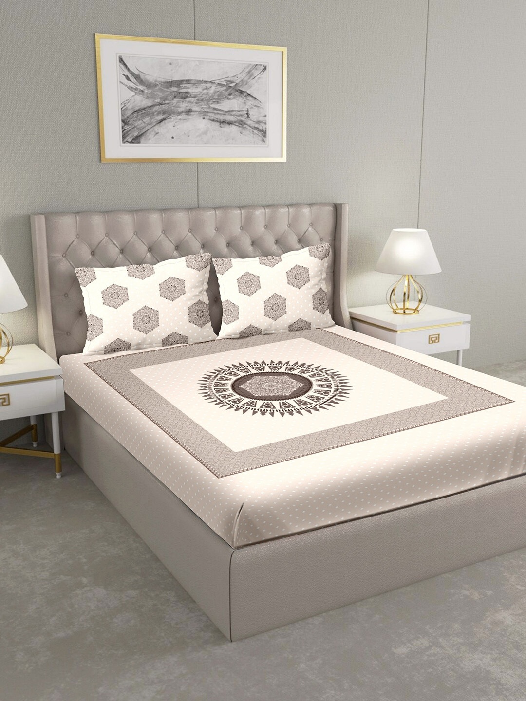 

BELLA CASA Beige & Brown Ethnic Motifs 160 TC Cotton 1 King Bedsheet with 2 Pillow Covers