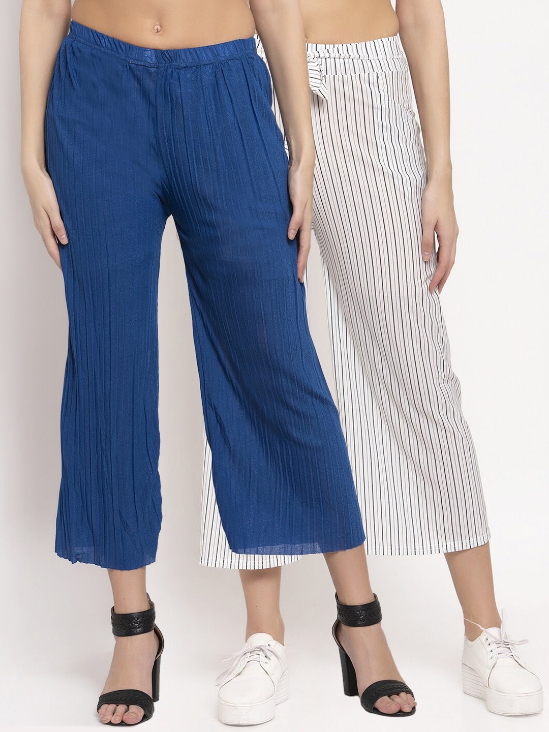 

KLOTTHE Women Pack of 2 Blue & White Striped Wide Leg Palazzos