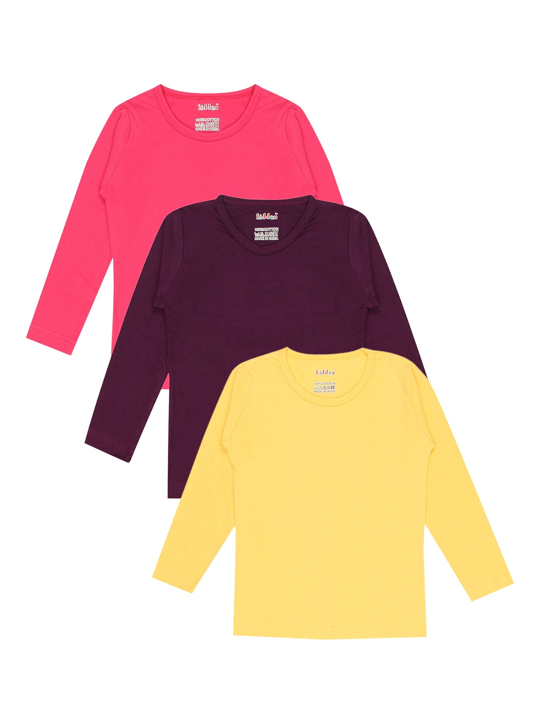 

Kiddeo Girls Pack Of 3 Solid Round Neck Pure Cotton T-shirts, Yellow
