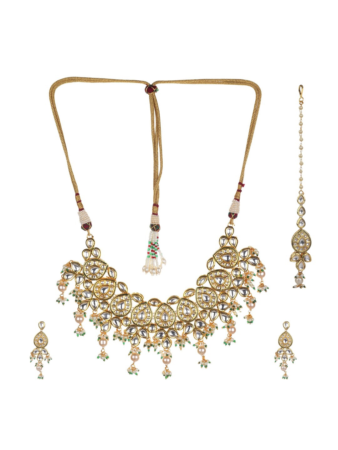 Runjhun Gold-Plated White & Green Kundan-Studded Beaded Handcrafted Jewellery Set