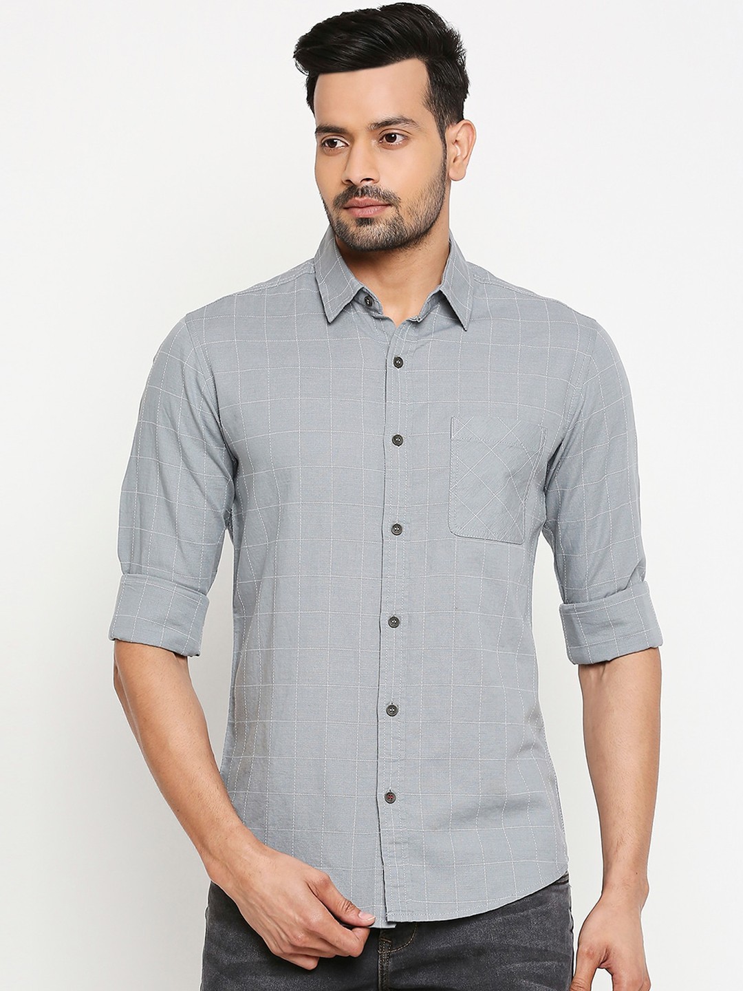 

Mufti Men Grey Slim Fit Checked Casual Shirt