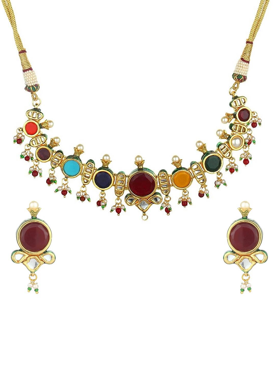 

Runjhun Gold-Plated Maroon & White Semi-Precious Navratna & Kundan-Studded Jadau Jewellery Set